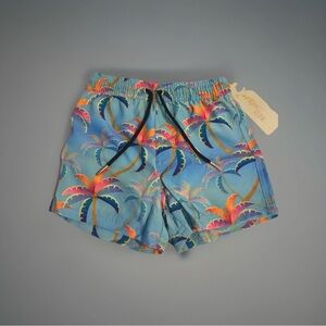 Gottex Boys Blue Tropical Drawstring Swim  Trunks With Palm Trees Size 6 NWT